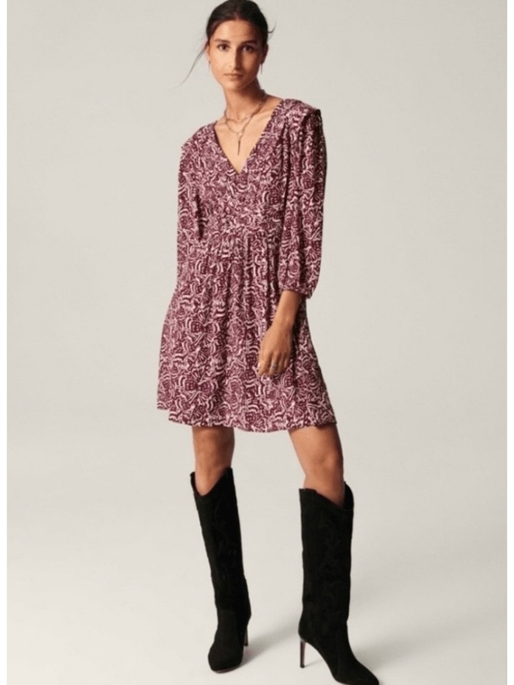 Ba&sh Lia Printed 3/4 Sleeve V Neck Mini Dress in Raisin Size XS